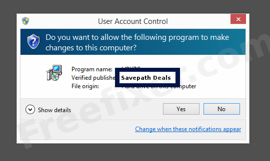 Screenshot where Savepath Deals appears as the verified publisher in the UAC dialog